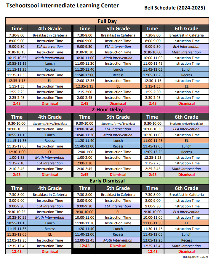 Bell Schedule 2024-2025